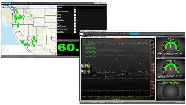 Two screen snap shots of software used in the California ISO Control Center monitoring enhanced frequency oscillation to help reliability coordinators quickly detect and address possible problems with transmission oscillation.