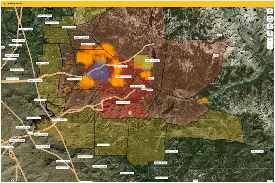 Screen snap shot of software, Watch Duty, used in the California ISO Control Center to improve visibility of fire threat to transmission assets.
