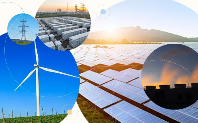 Collage of  wind, solar, geothermal, battery storage and a transmission tower.