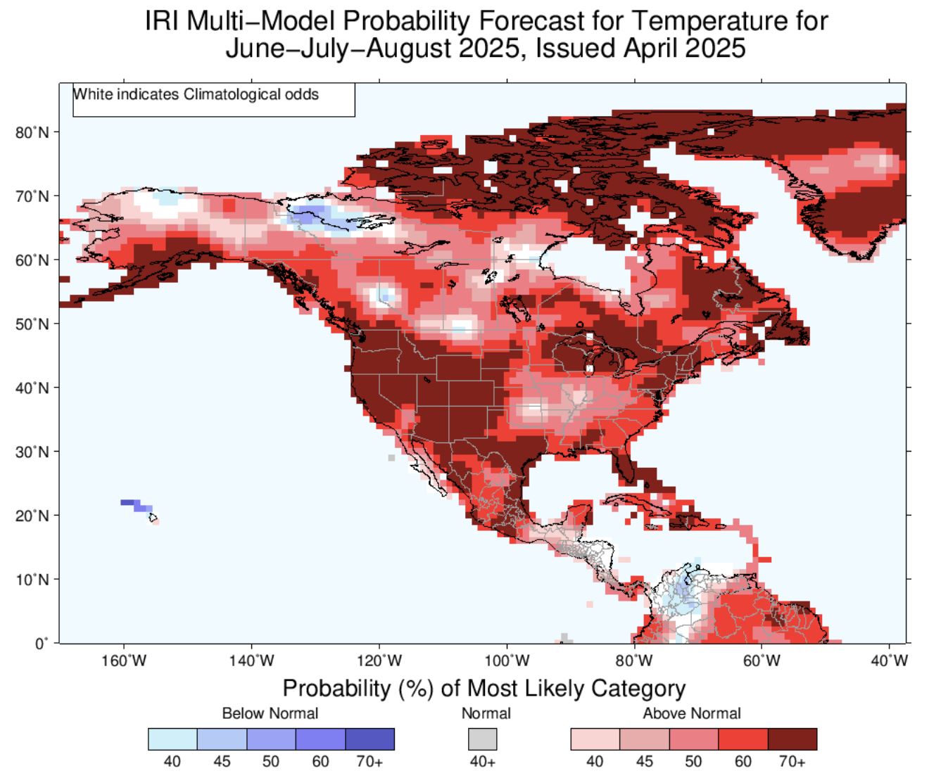 Temperature outlook from Columbia Climate School as April 17, 2025
